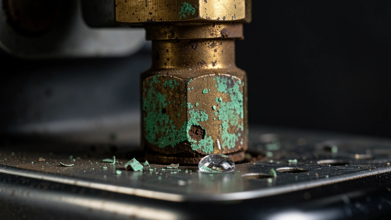Corroded brass boiler fitting with green patina and pitting caused by pure distilled water.