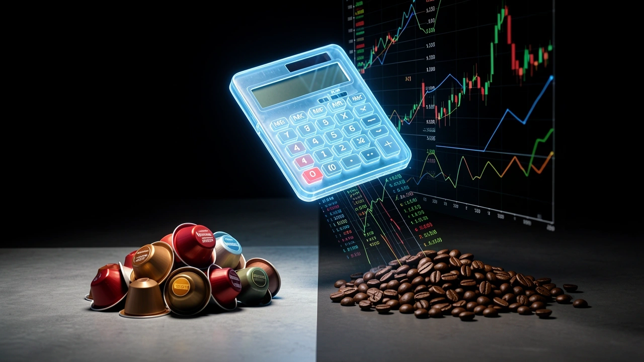 Glowing calculator above capsules and beans with financial data graphics