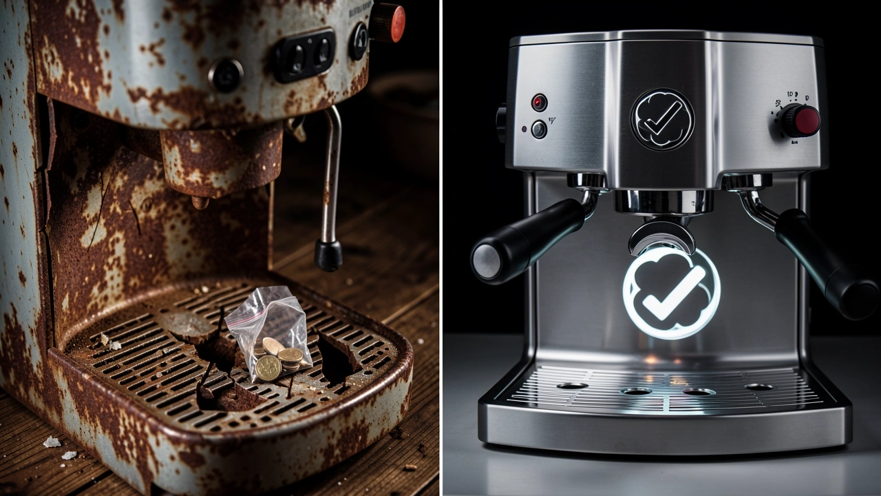 Split image: left a broken rusted coffee machine with coins, right a clean machine with checkmark.