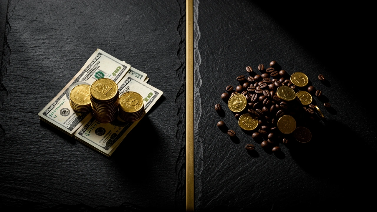 Stack of coins and beans on slate versus scattered coffee cups and coins