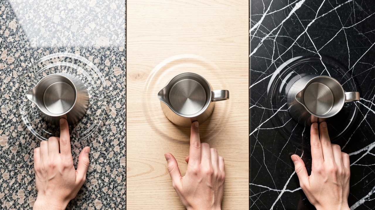 Comparison of granite, wood, and marble counter surfaces and their effect on milk pitcher tapping