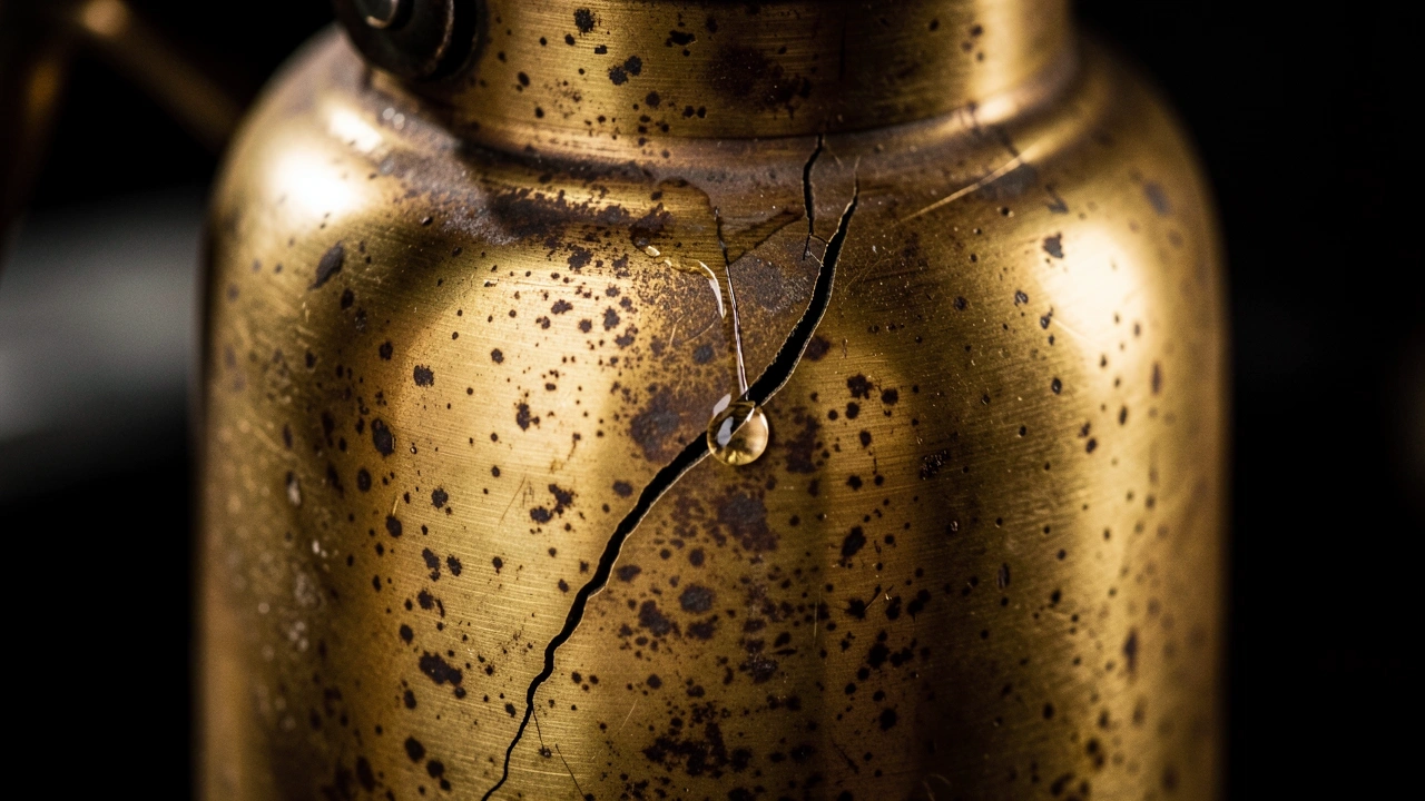 Close-up of cracked brass boiler with water droplet forming, espresso machine leak cause.