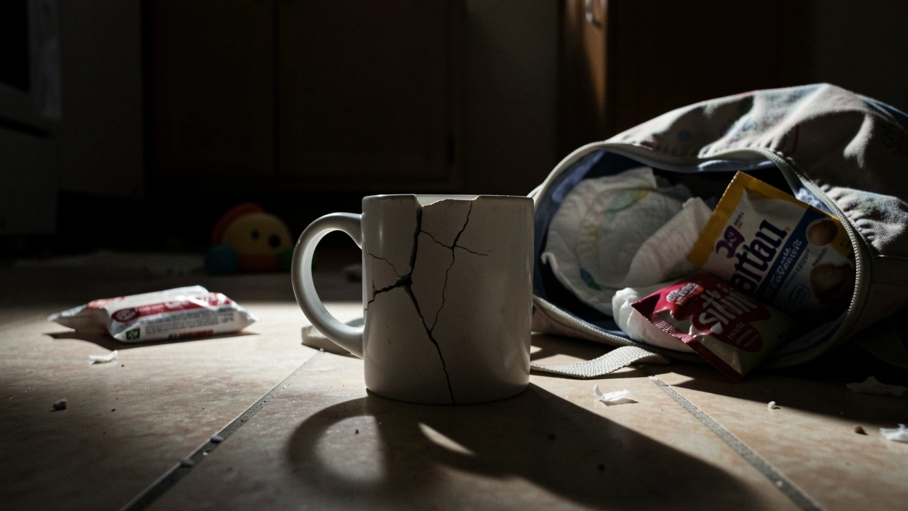 Cracked Mug Coffee Backup Plan A cracked coffee mug on the kitchen floor near a diaper bag with an instant coffee packet, symbolizing a catastrophic morning disruption.