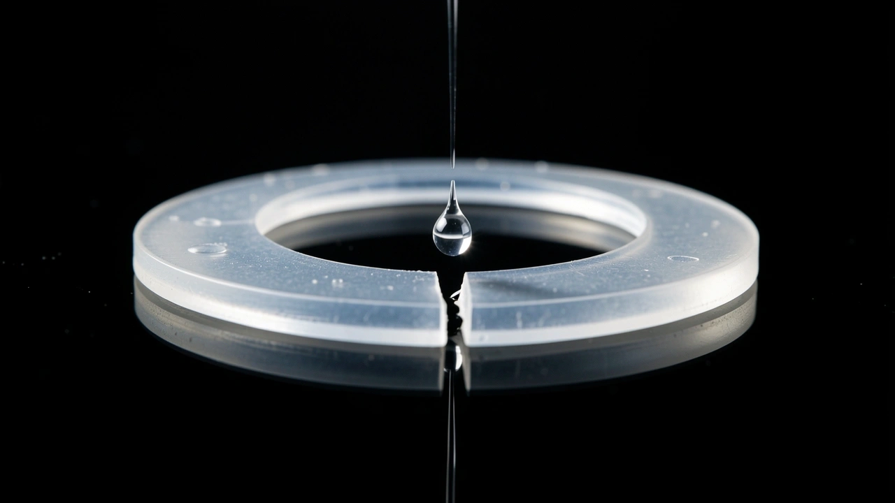 Close-up of cracked silicone ring with water droplet dripping highlighting pressure seal failure risk
