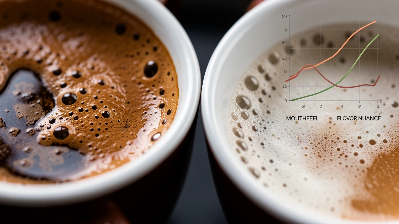Macro shot of dense espresso crema vs thin foam with declining data graph