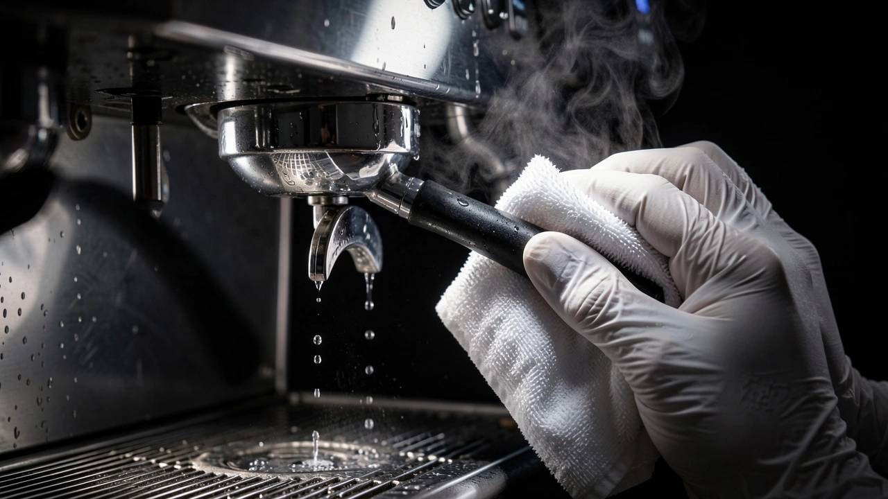 Close-up of a hand wiping a coffee machine steam wand with a cloth in a busy setting.