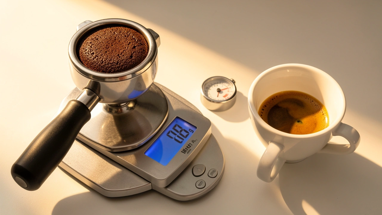 Portafilter with tamped dark roast puck, scale showing 18g, timer, and a perfect espresso shot with thick crema
