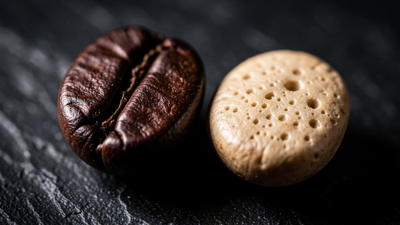 Macro shot of dense high grown coffee bean beside lighter low grown bean, textured surface