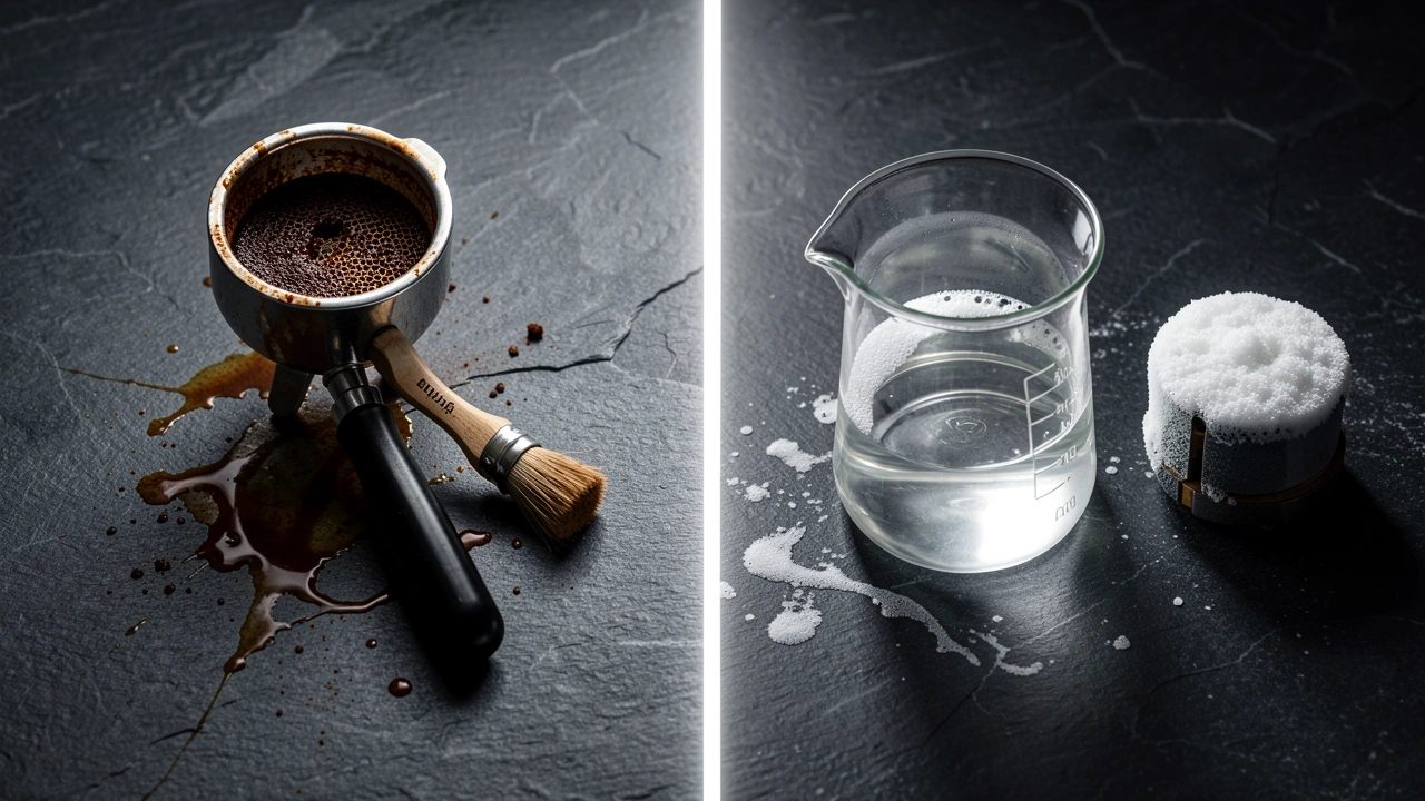 Descaling vs Backflushing Difference Portafilter with coffee oil residue and limescale-coated boiler element side by side