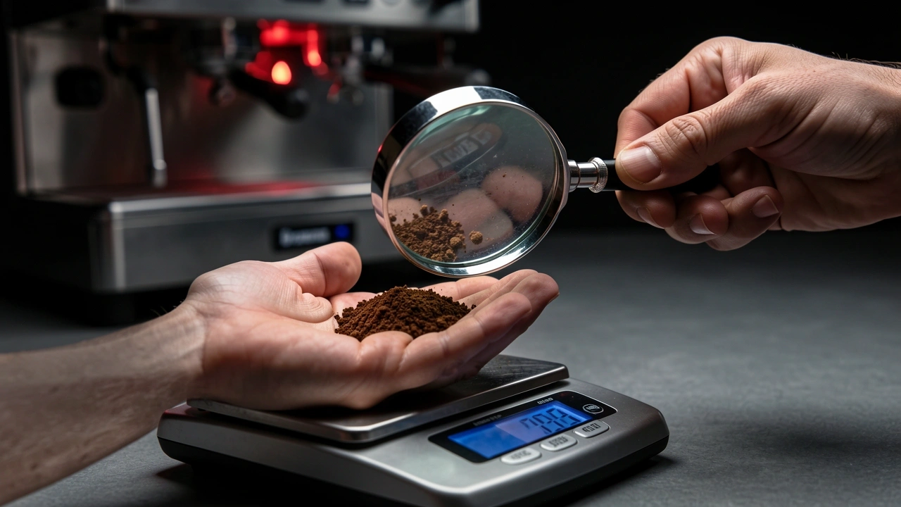 Hand holding coffee grounds on scale with magnifying glass indicating need for cleaning vs other grinder problems