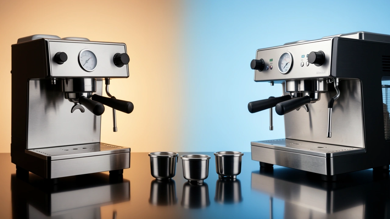 Split image of single-boiler and dual-boiler espresso machines with three portafilter baskets.