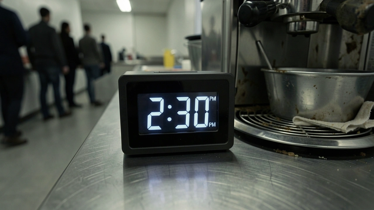 A clock reads 2:30 PM next to a coffee machine being cleaned with a bucket, after morning rush.
