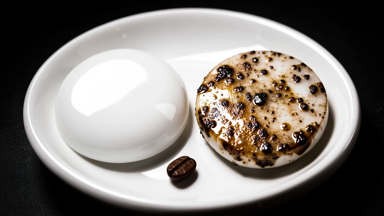 Close-up of a clean shiny puck screen next to a dirty greasy puck screen with coffee oils