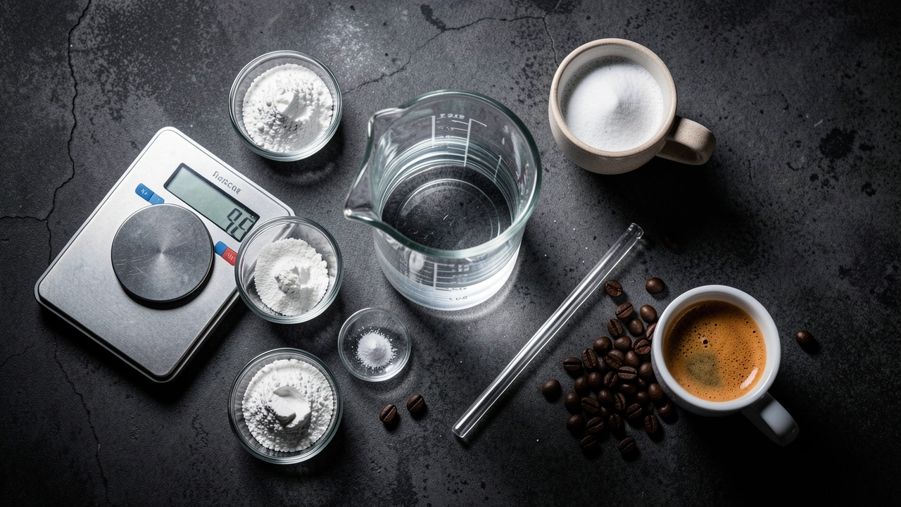 Flat-lay of measuring cylinder, mineral powders, and scale for DIY espresso water recipes.