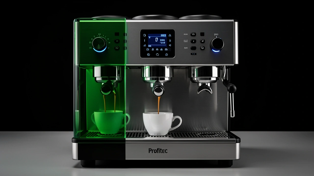 Premium double boiler espresso machine with visible twin boilers and PID display, pouring espresso.