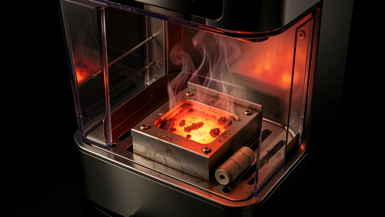 Dry Boiler Rule Empty Reservoir Open coffee machine with empty water reservoir and overheating red heating element on the boiler.