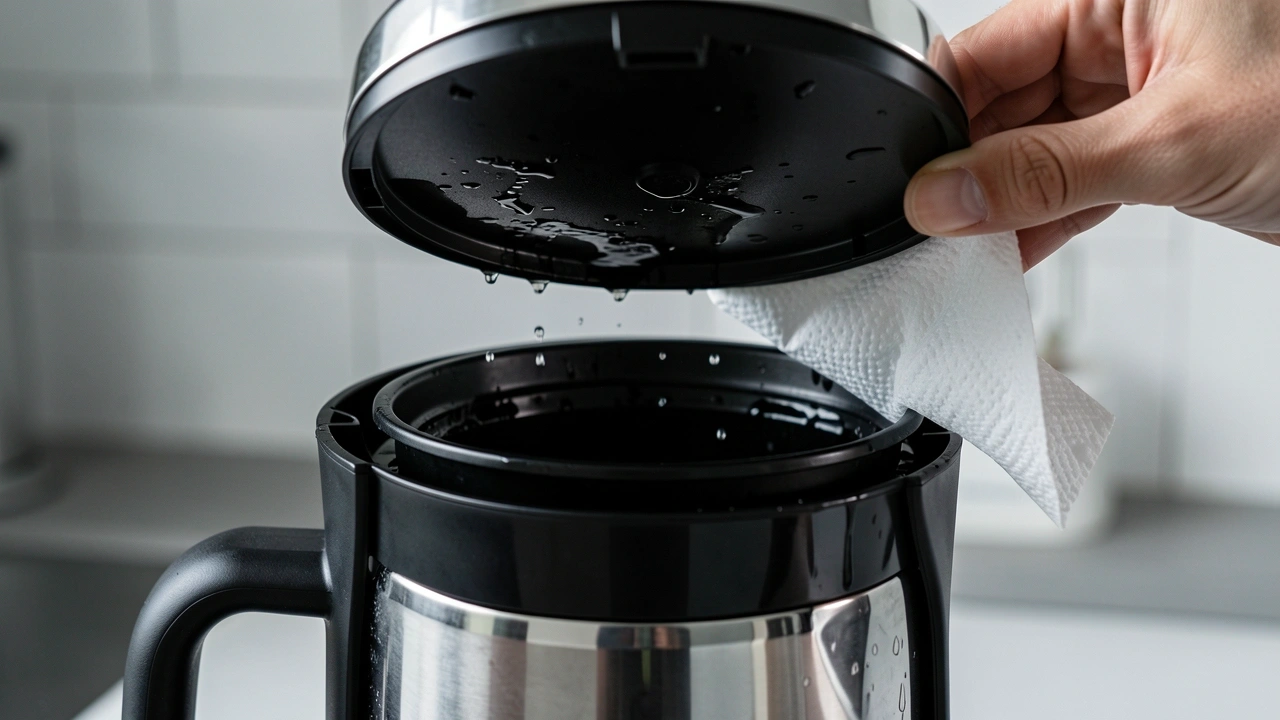 Wiping coffee maker lid to dry and prevent mold