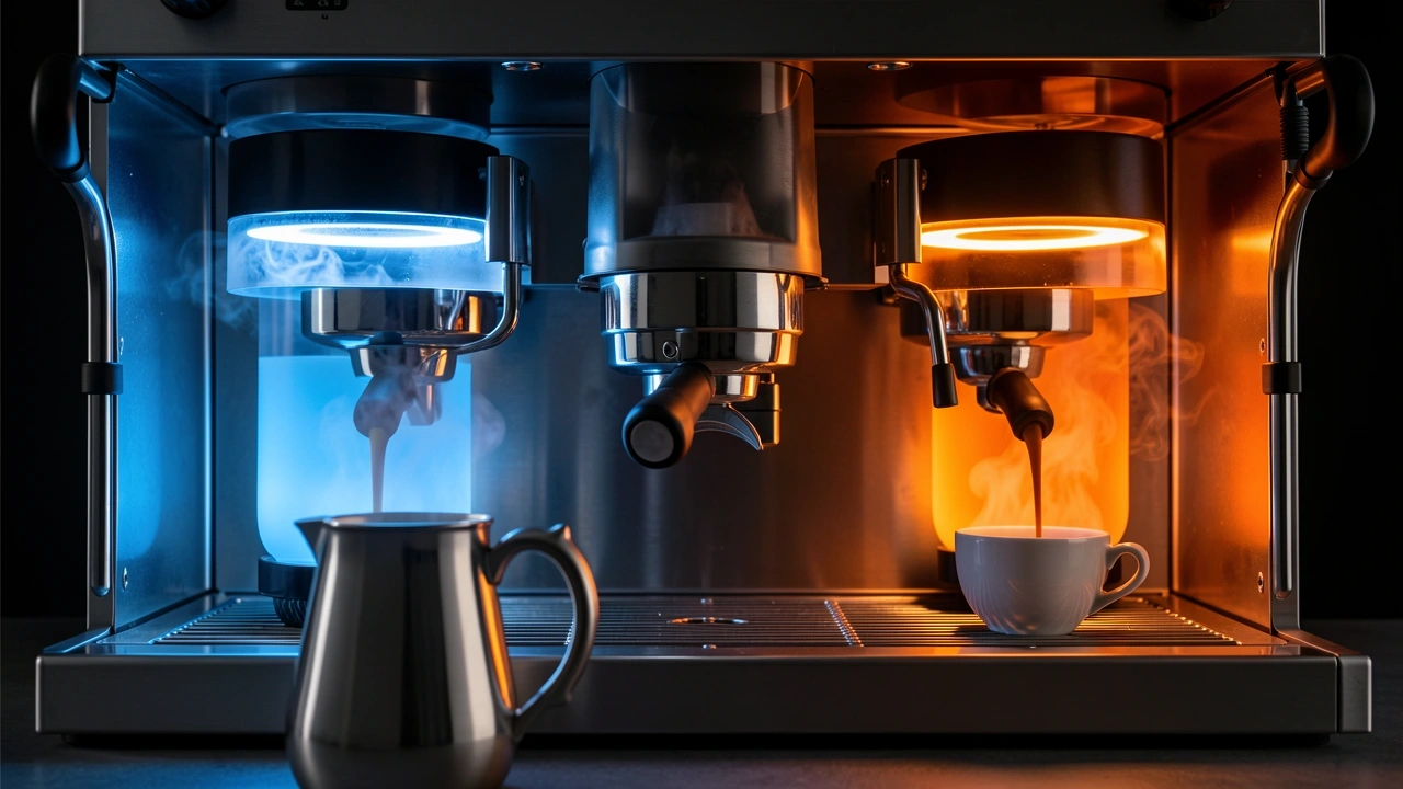 Dual Boiler Simultaneous Brew and Steam Dual boiler espresso machine cutaway with separate brew and steam boilers glowing in different colors