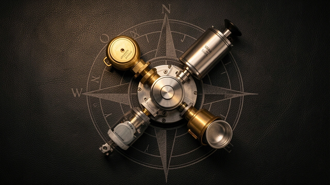 Buying Guide Features Arranged espresso machine parts with a compass motif for durability.