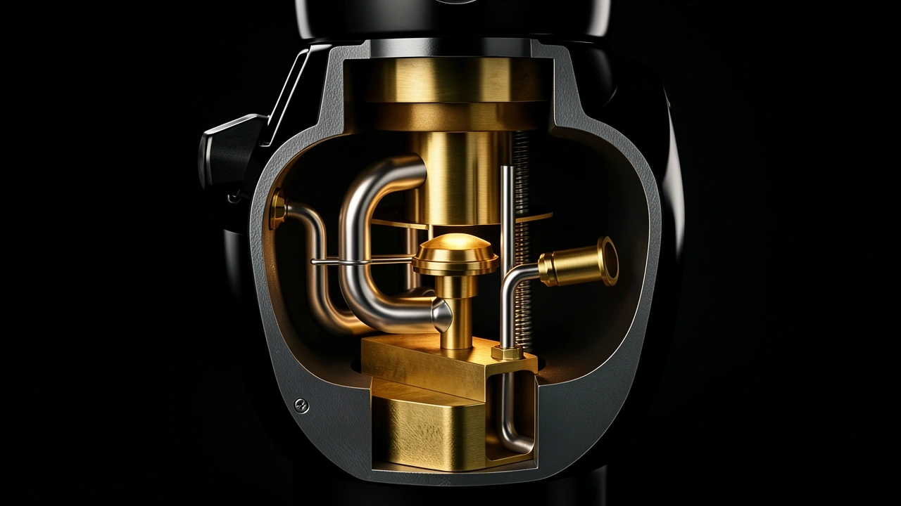 Cutaway view of E61 group head showing thermosiphon, pre-infusion chamber, and mushroom valve