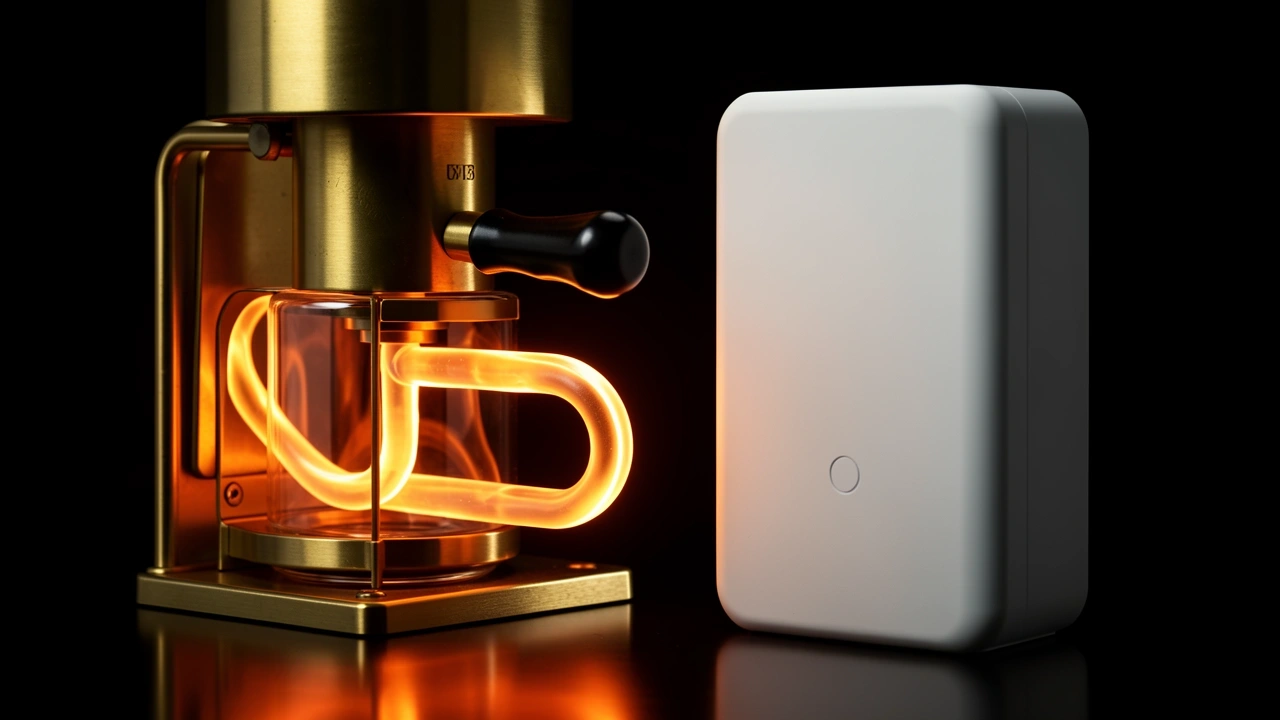 Brass E61 group head glowing with heat, no wires, representing thermal stability without electronics