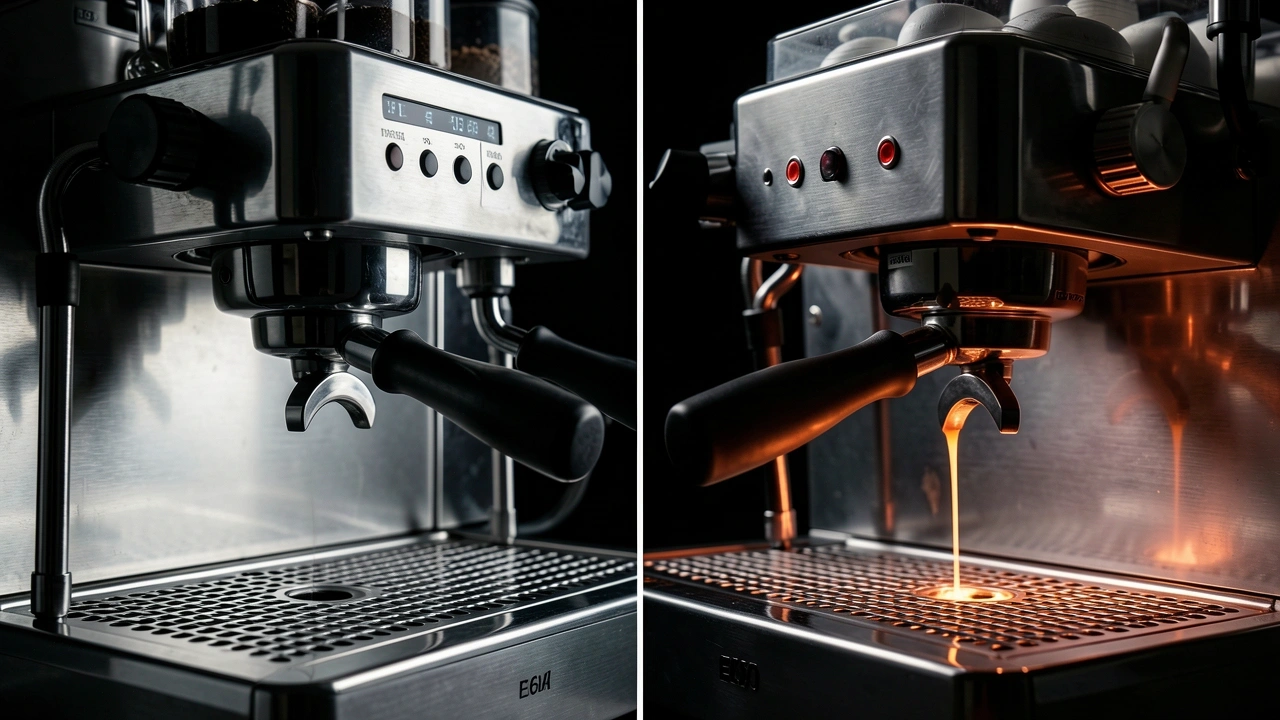 Side-by-side comparison of E61 group head and saturated group head on espresso machines