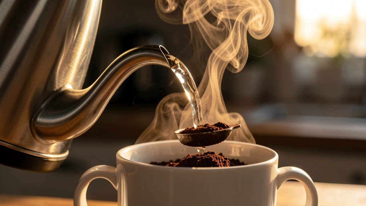Fast Instant Espresso Brew A close-up of an electric kettle pouring hot water over instant espresso powder in a white mug.
