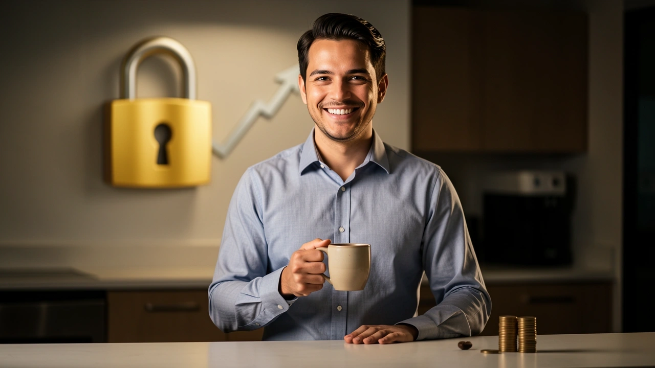 Smiling employee holding coffee mug with subtle retention and growth symbols in background