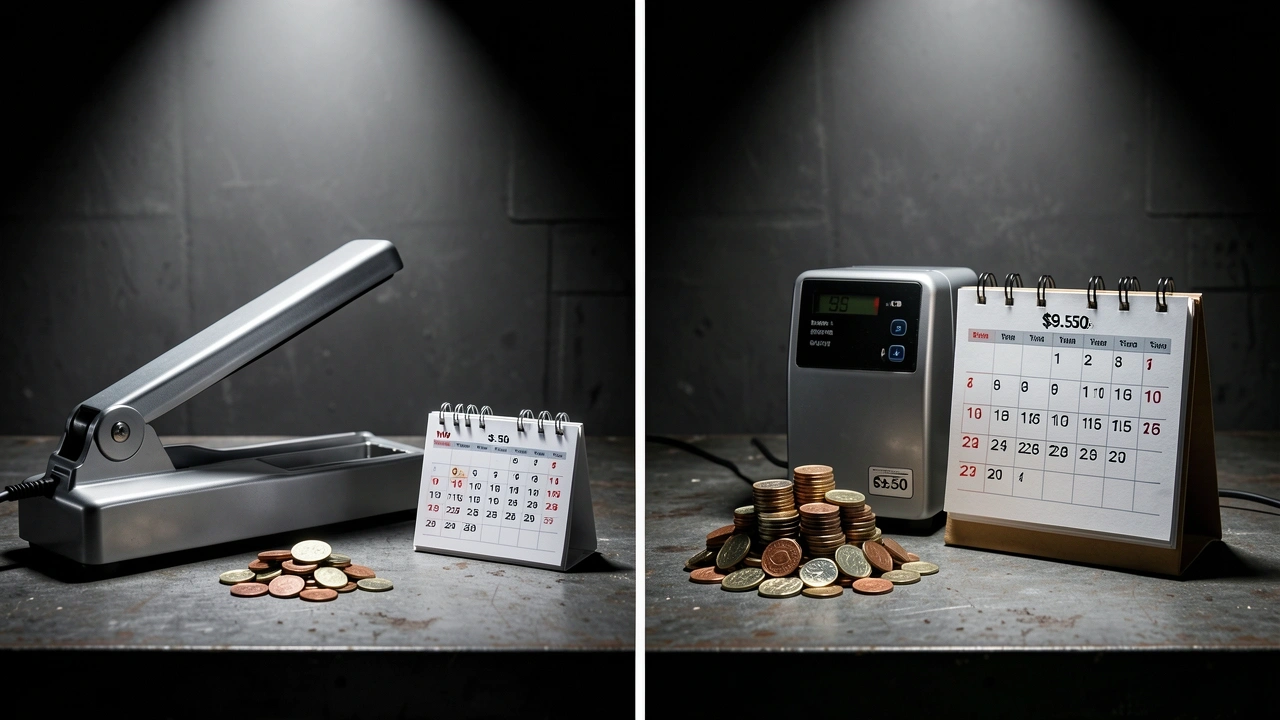 Comparison of energy cost coins and lifespan calendars next to a thermoblock and single boiler machine.