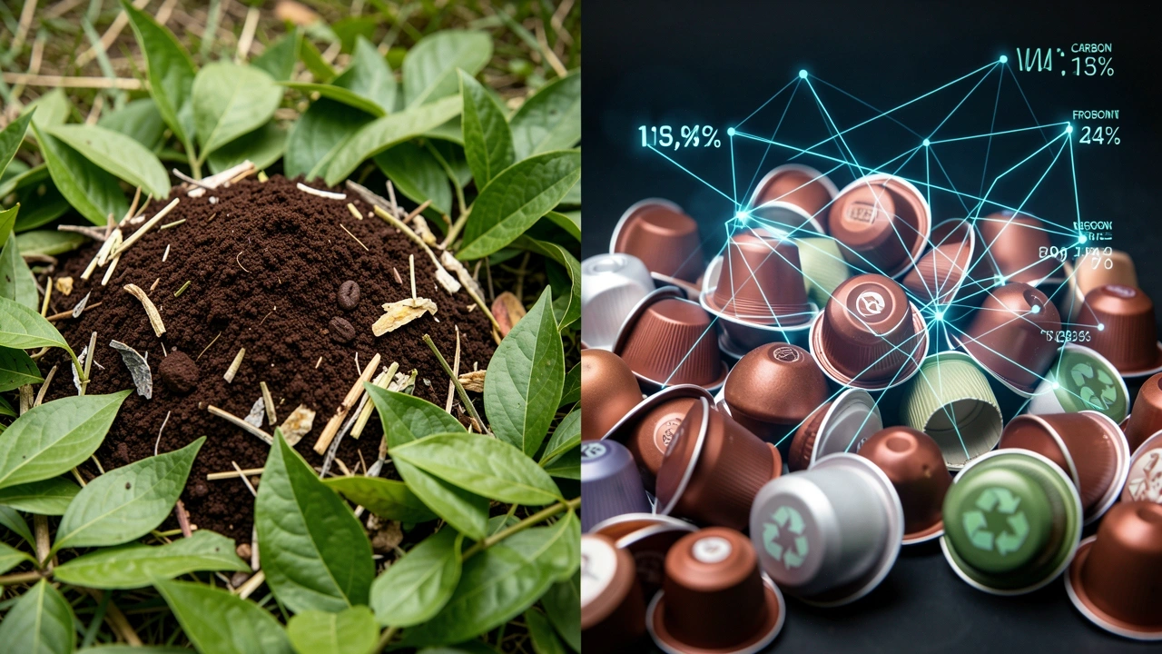 Split image of compostable espresso grounds vs discarded capsules with carbon data
