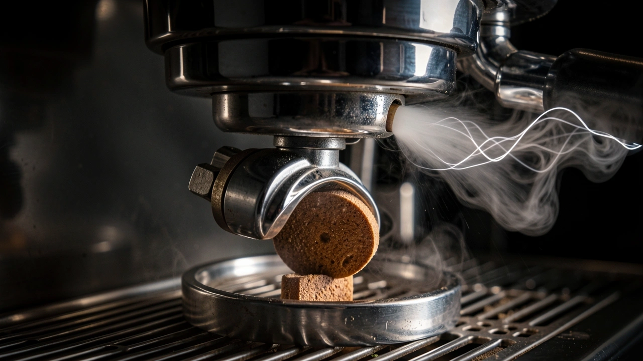 Close-up of espresso machine group head with shower screen and 3-way valve, steam and light trails