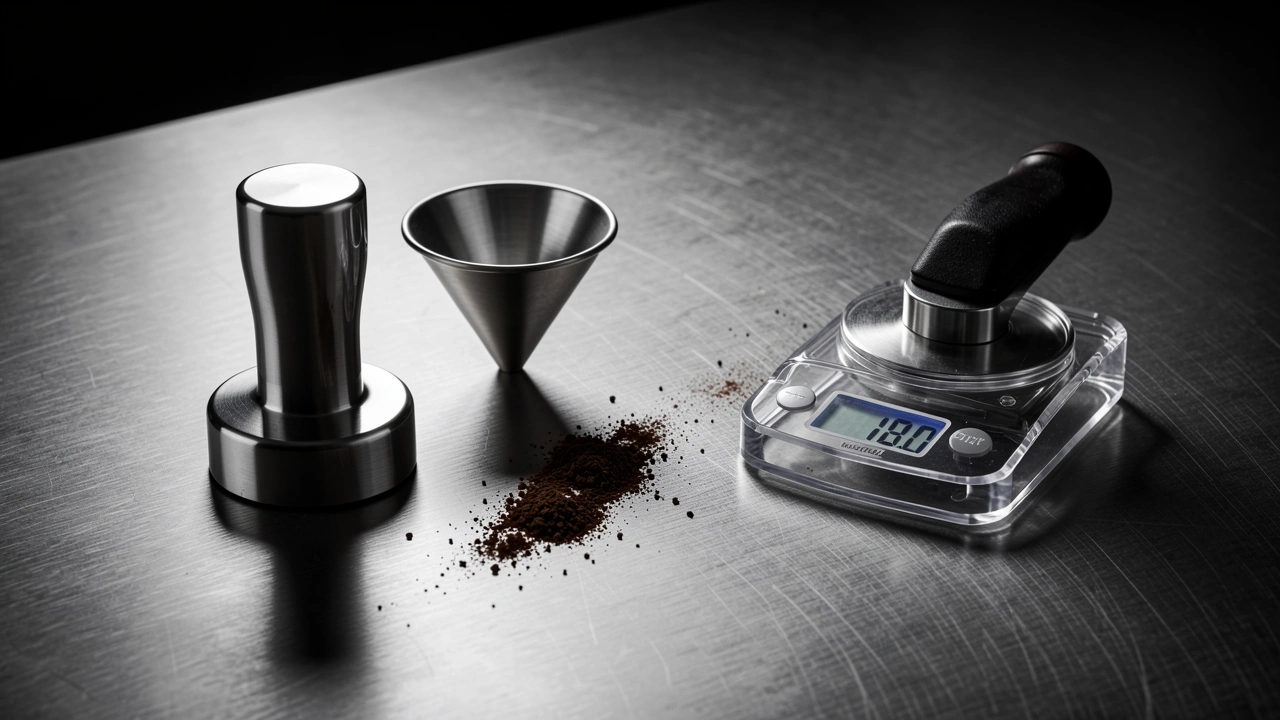 Close-up of espresso accessories: tamper, dosing funnel, scale, and small knock box on brushed metal