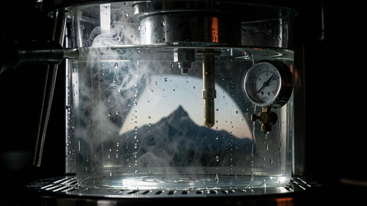 Inside espresso boiler with pressure gauge at lower reading, mountain reflection in water