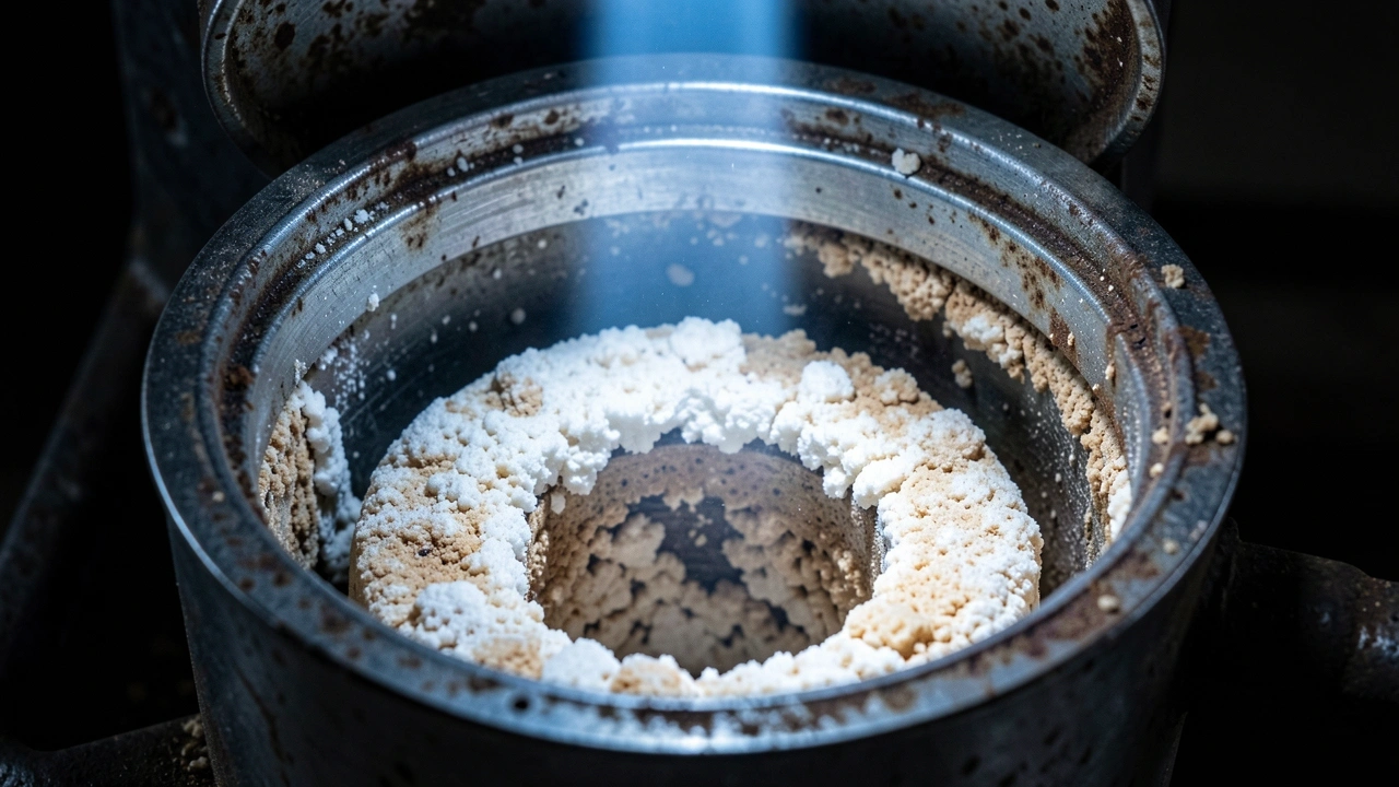 Macro close-up of calcium scale build-up inside an espresso machine boiler, showing white deposits on heating element.
