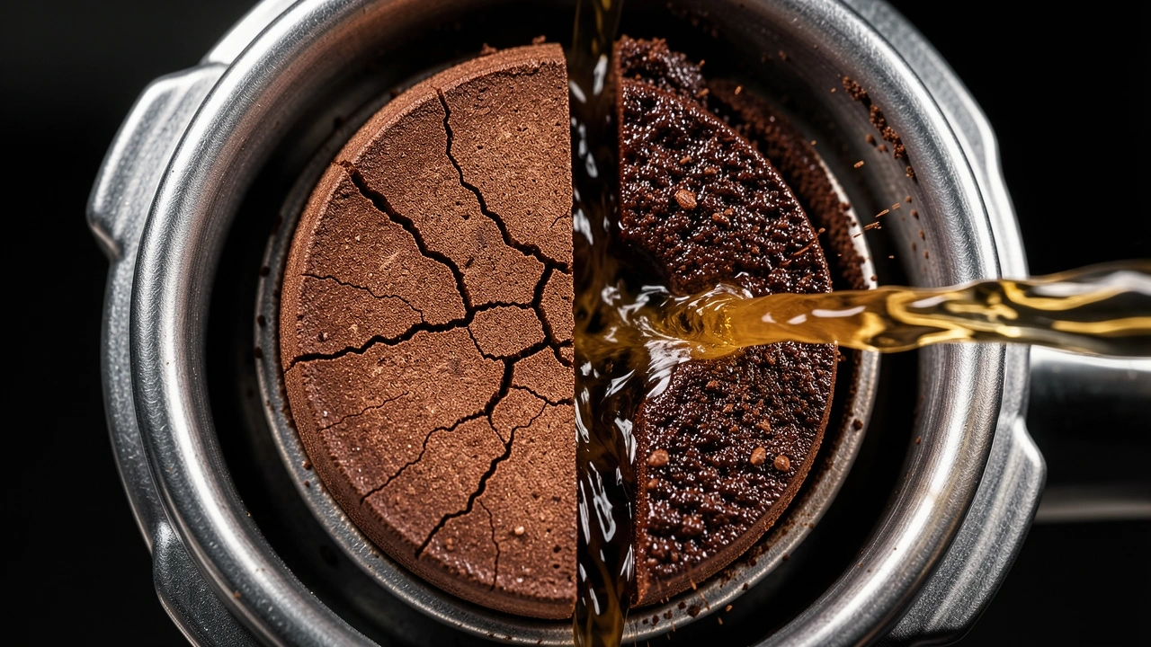 Channeling Problem in Espresso Puck Cross-section of espresso puck with high pressure water carving a channel showing the channeling problem