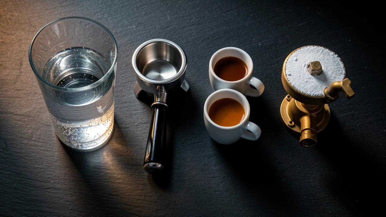 Descaler Variables Still Life Three variables of espresso descaling shown with water, coffee cups and boiler part