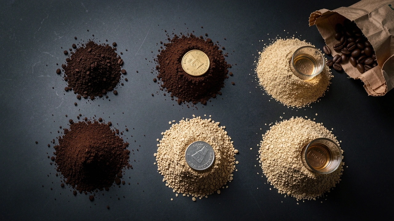 Flat lay of wasted coffee doses and coins showing cost difference between dark and light roast dial-in attempts