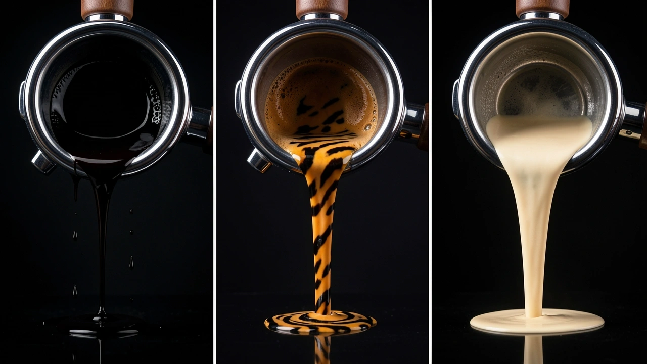 Healthy espresso shot timeline Three-phase espresso extraction timeline showing dark start, steady flow, and blonding