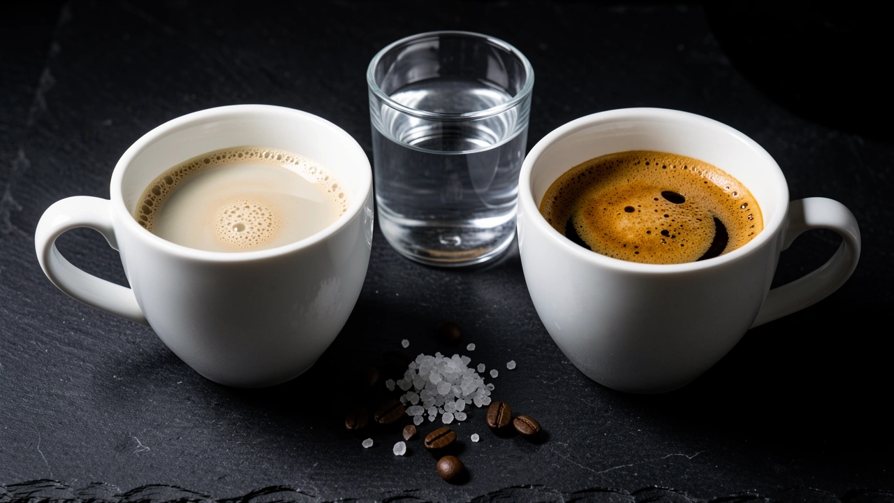 Two espresso shots comparing sour under-extracted coffee with rich espresso from remineralized water.