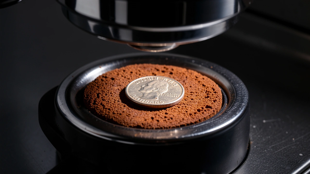 Close-up still life of a coin on a tamped espresso puck in a portafilter under a shower screen