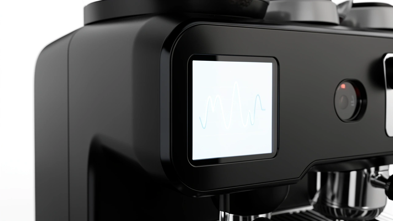 24 Hour Idle Energy Waveform Display A sleek built-in energy monitor on an espresso machine showing a 24-hour cycle waveform