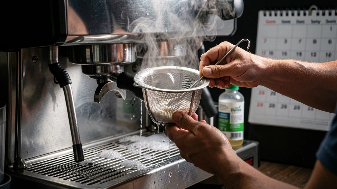 Maintenance Routine Hands performing backflush and descaling on an espresso machine.