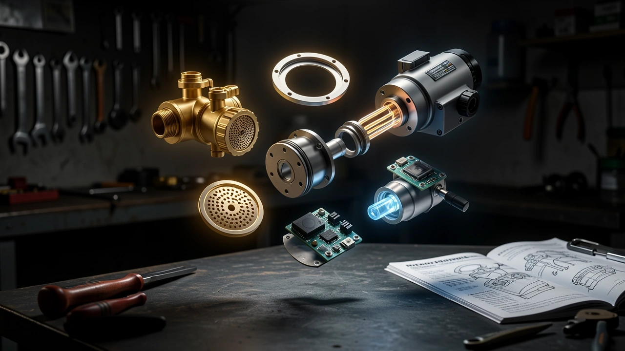 Component Lifespan Visualized Exploded view of espresso machine parts glowing by lifespan.