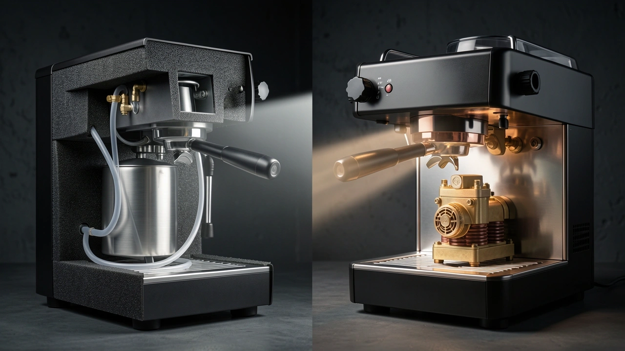 Internal Build Materials Cutaway view of budget versus prosumer espresso machine internals.