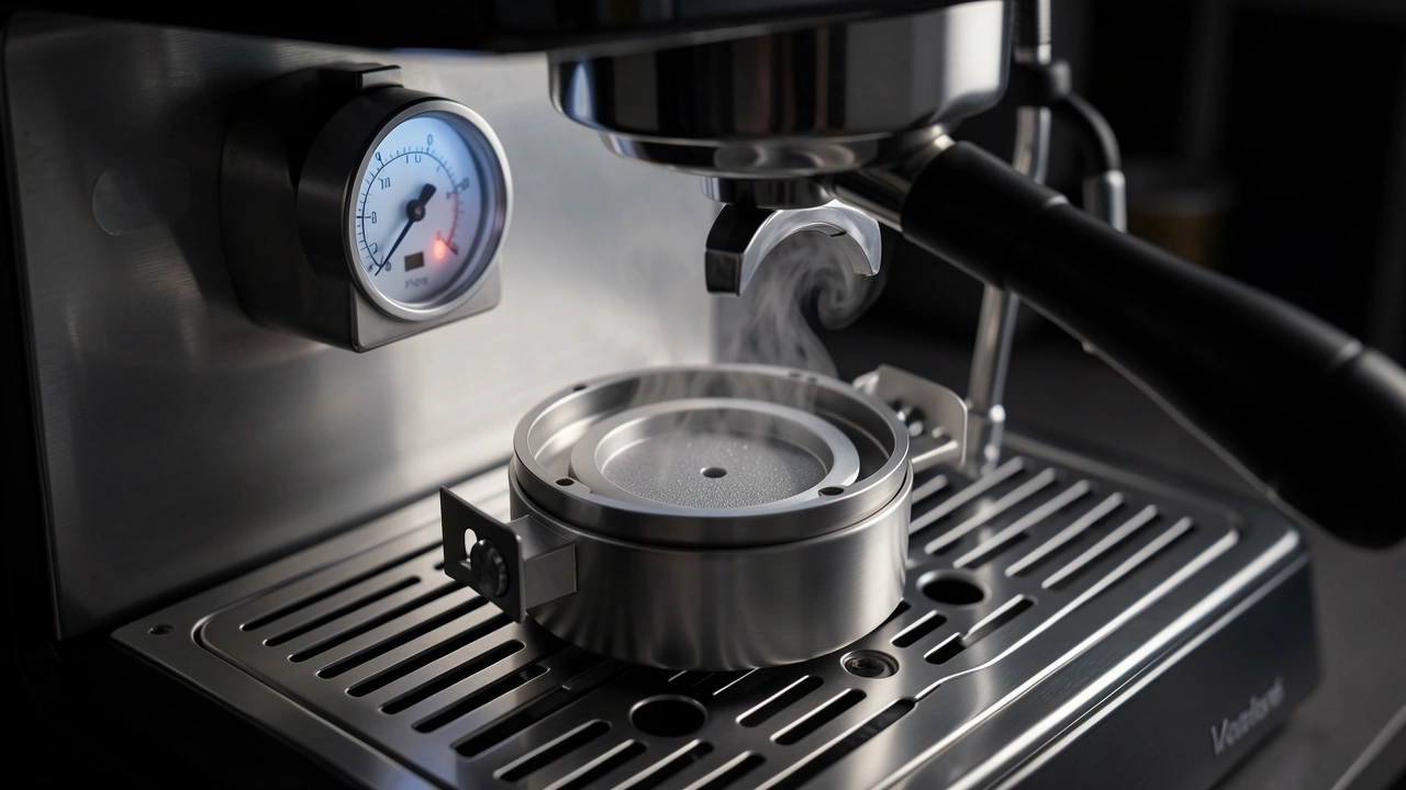 Espresso machine parts including pressurized basket and pressure gauge