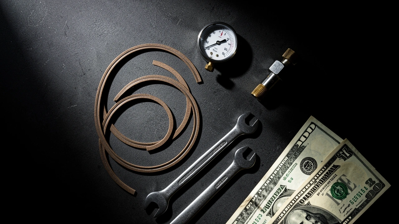 Espresso machine repair parts and money arranged ominously