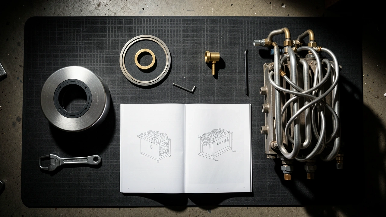 Espresso Machine Repair Parts Flat Lay Coffee machine maintenance parts and gaskets arranged in an overhead flat lay for repairing espresso machines