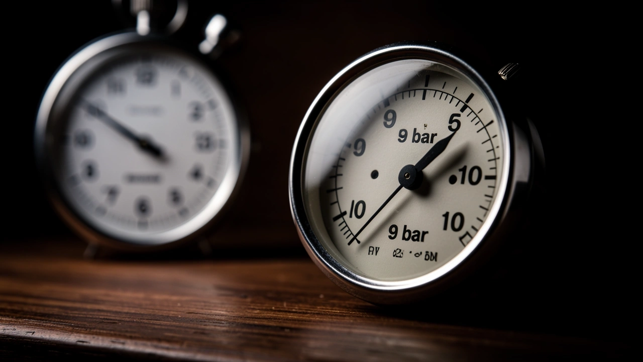 Close-up of espresso machine pressure gauge at 9 bar with a timer showing 10 seconds for safe backflush cycle