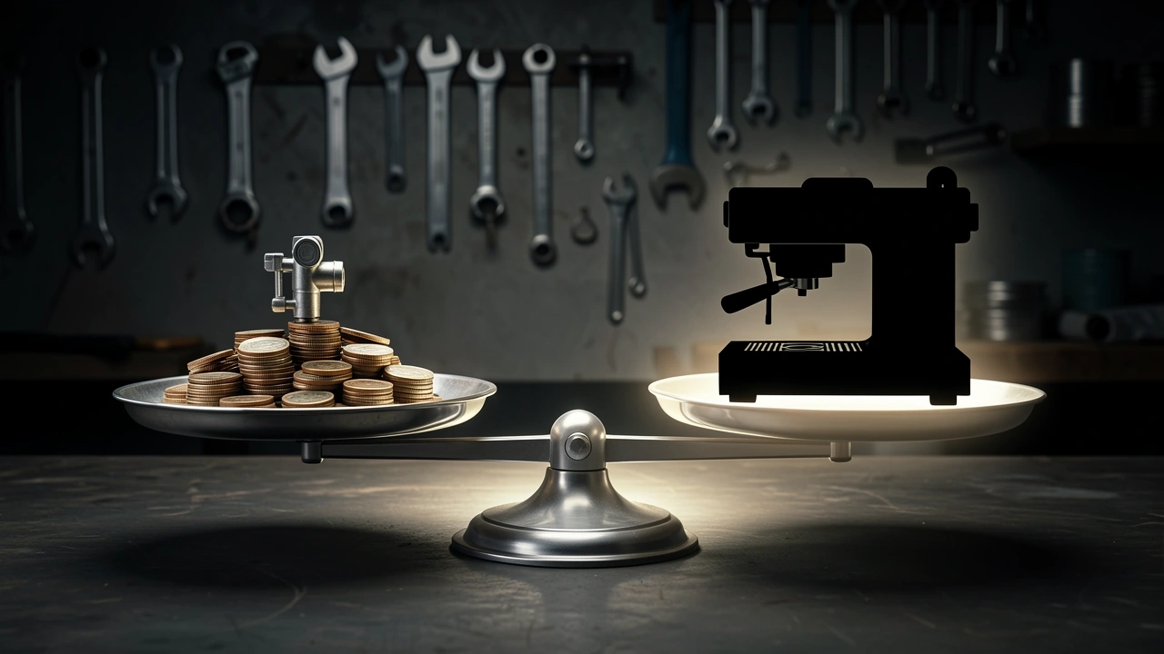 Repair vs Replace Decision A scale weighing a repair part against a new machine silhouette.