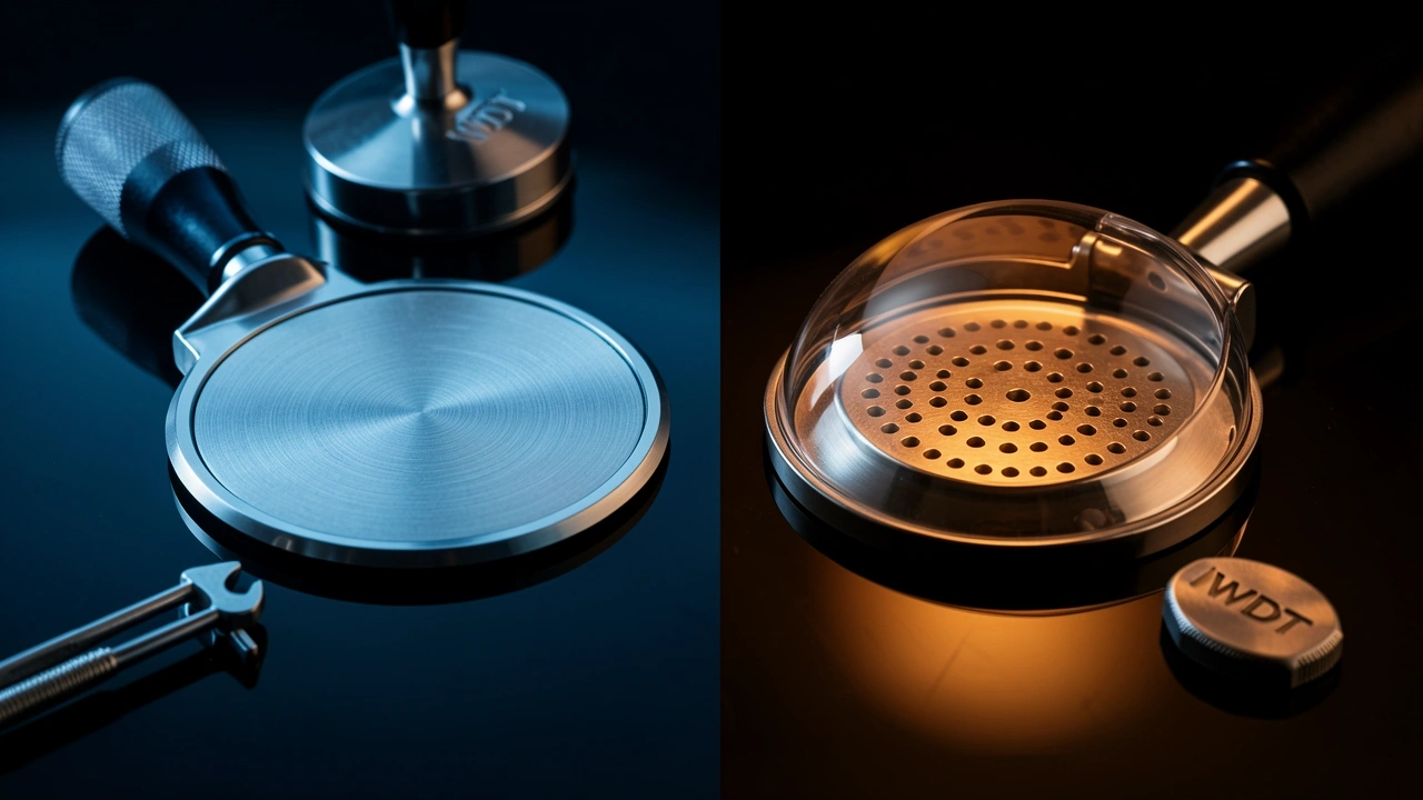 Close-up comparison of flat and convex espresso machine shower screens with tamper and WDT tool.